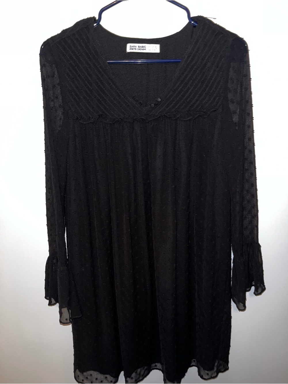Zara Black Long Sleeve Swiss Dot V-Neck Dress
